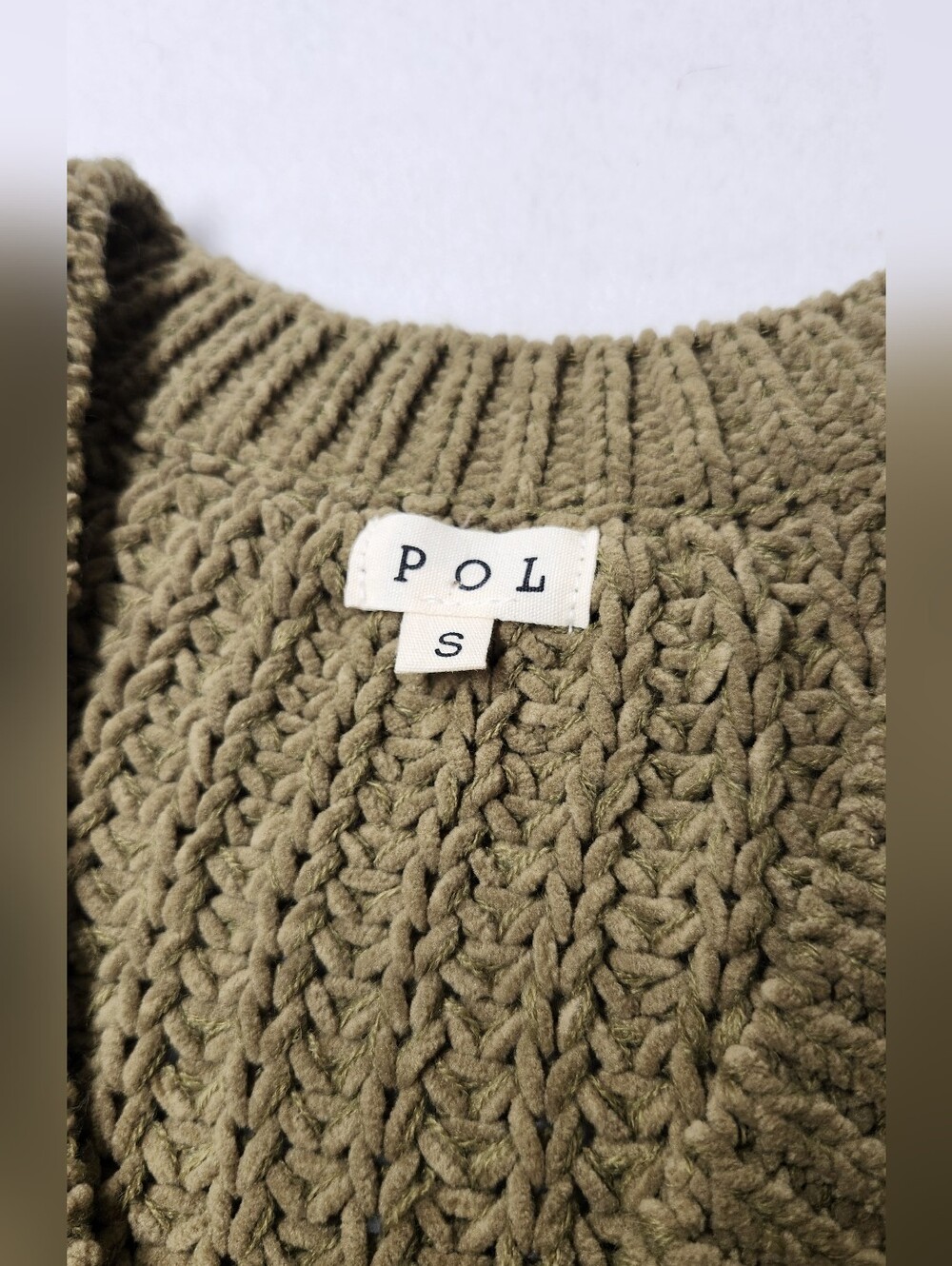 POL Olive Cable Knit Sweater Oversized V-Neck Boho Cottagecore Chunky Cozy Sz S - Picture 4 of 8